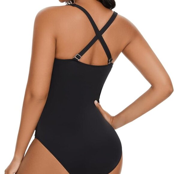 Plus Size Black Ruched Tummy Control One Piece Swimsuit - Picture 4 of 8